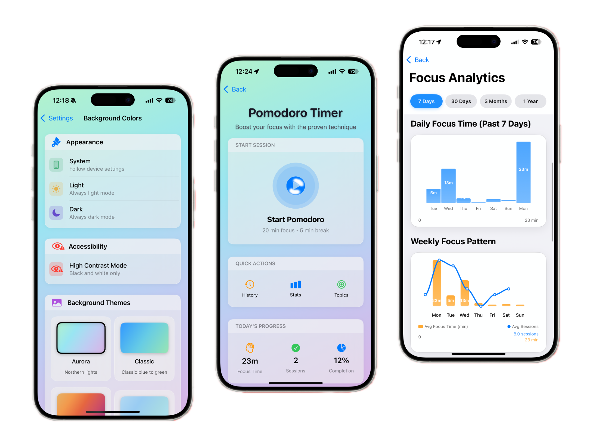 MindPace ADHD-friendly app design featuring customizable themes, focus analytics, and accessibility options
